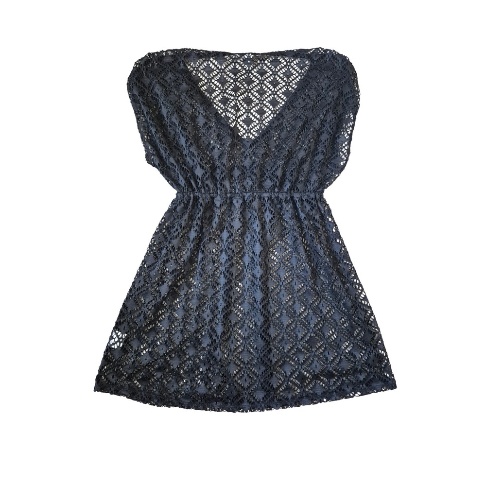 Miken Swim Black Crochet Lace V-Neck Empire Waist Beach Cover Up Dress Medium